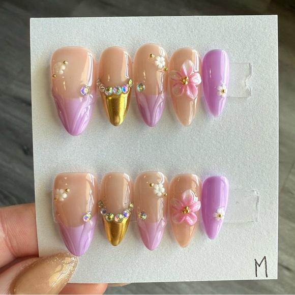 Handmade Other - Handmade Pink & Gold Floral Press-On Nail Set